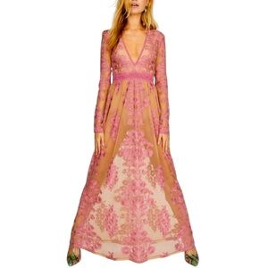 NWT For Love & Lemons Dress Temecula Pink Embroidered Maxi Size M